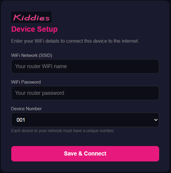 Device Setup screen showing WiFi Network, WiFi Password and Device Number fields