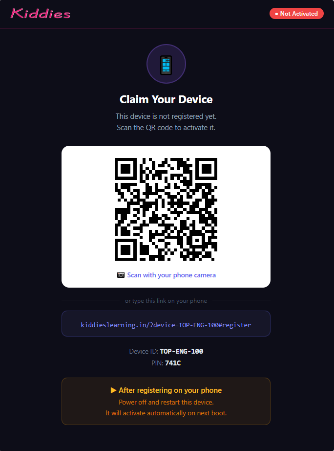 Claim Your Device screen with QR code, registration link, Device ID and PIN